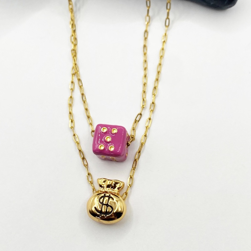 NEW Gold Money Bag & Pink Dice Layered Necklace - Picture 11 of 12